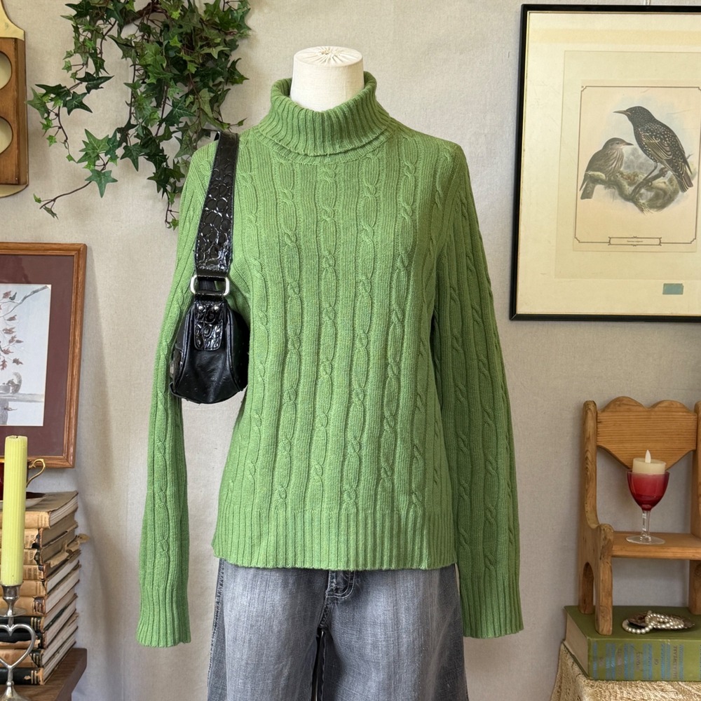 Green Cable Knit Turtleneck Sweater Cottagecore Vintage XL Indie Grunge Granola